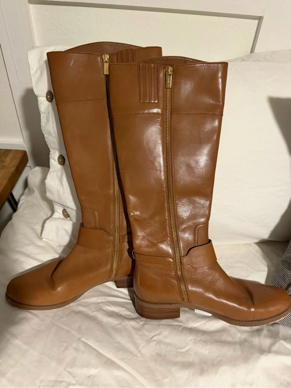 Michael Kors Cognac Leather Over-The-Knee Boots with Gold MK Accent